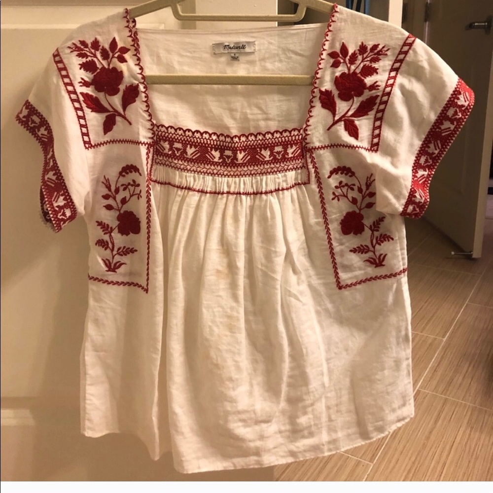 Madewell red and white peasant top xs